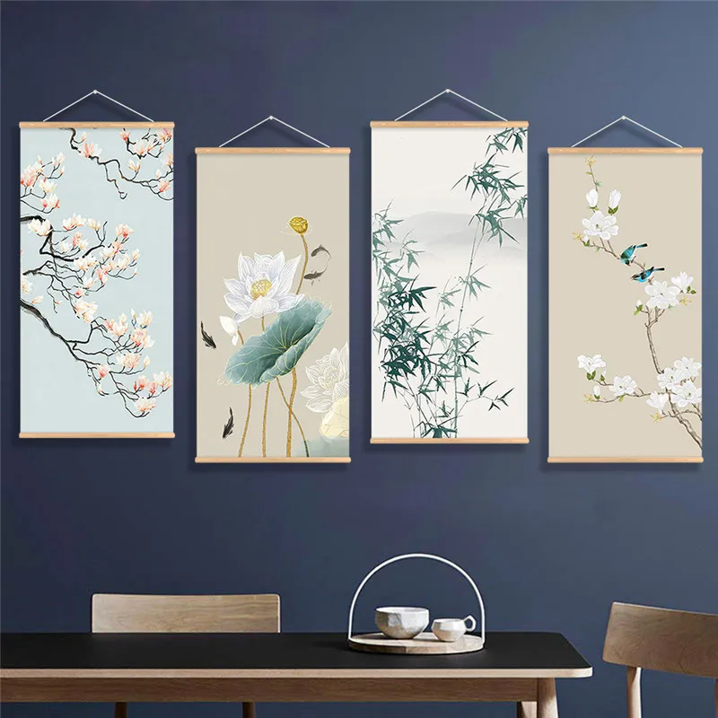 Vintage Chinese Lotus Flower Art Scroll Canvas Poster With Frame Landscape Wall Picture Scroll Painting for Bedroom Office Decor