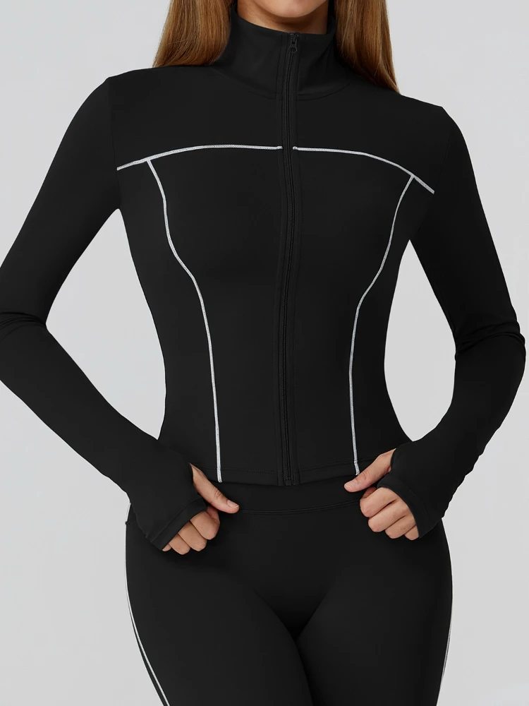 女性フリース裏地カラーブロックヨガジャケットジッパー防風ランニングアウトドアスポーツコートジムフィットネスワークアウトアクティブウェア