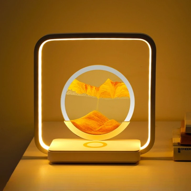 

New Flowing Sand Painting Table Lamp Wireless Charging USB Plug in Endless Dimming Three Color Warm Night Light Decorative Gift