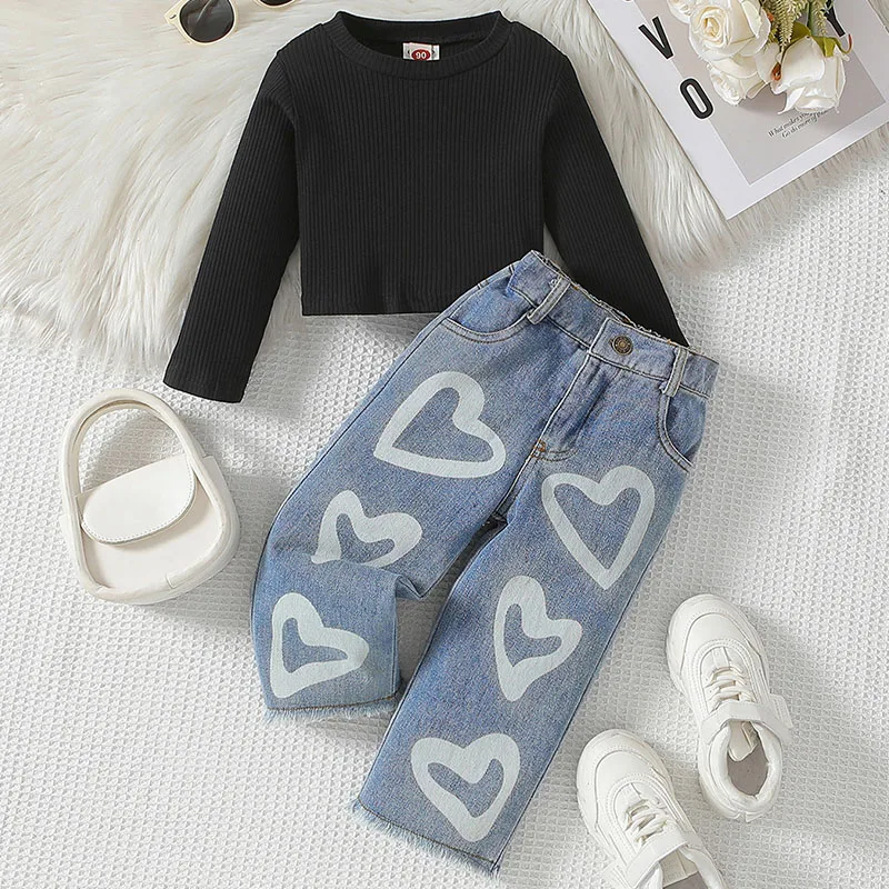 

2025 Spring Kids Boutique Clothing Korean Fashion Black Long Sleeve Cotton Baby Tops+Loose Jeans Little Girls Fall Outfits B033