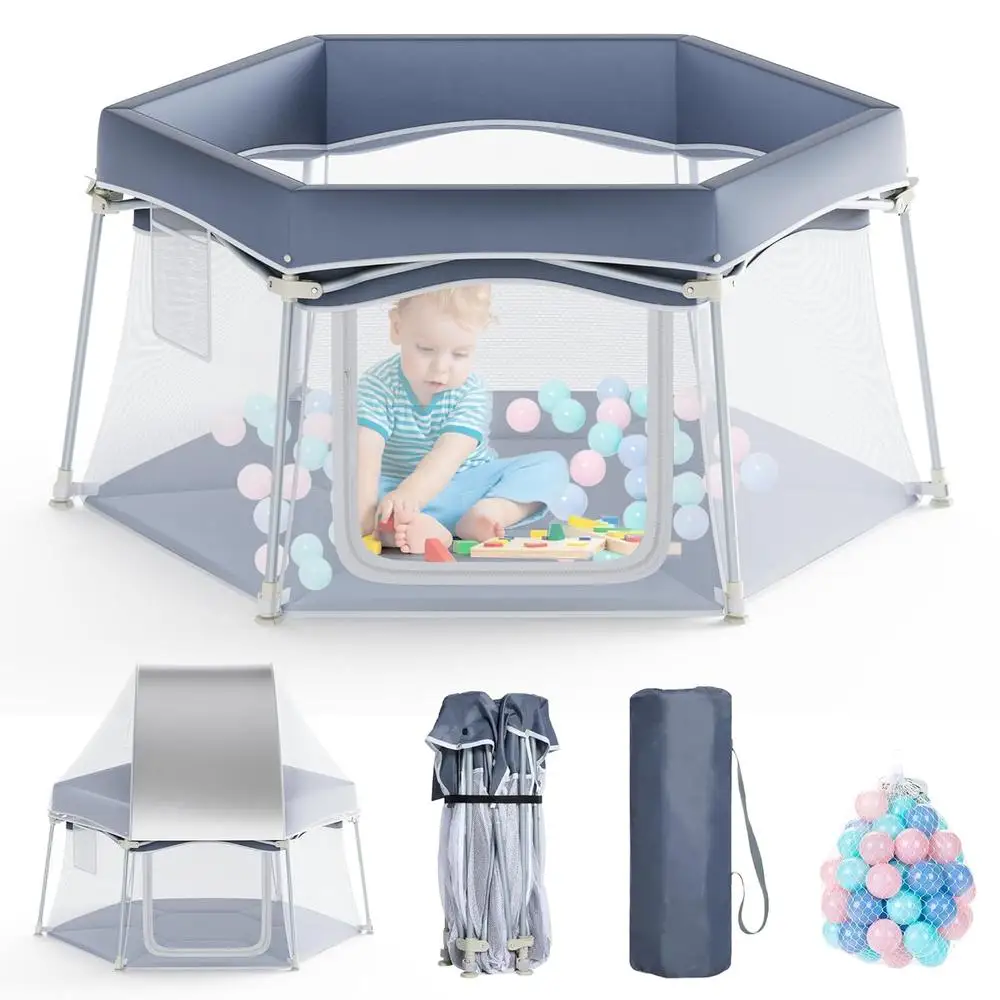 Foldable Baby Playpen with Sunshade Portable Indoor Outdoor Play Yard Safe Space Toddlers Mesh Ventilation Travel Carry Bag