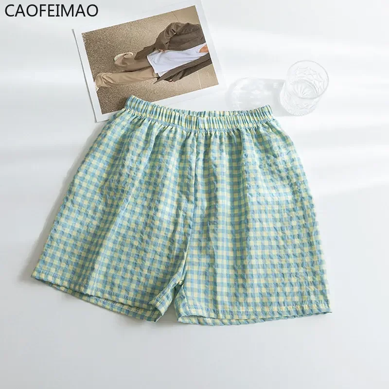 Caofeimao Summer 2025 Home Plaid Shorts Floral Pants Sports High Waist Slim Wide-leg Pants Loose Casual Pajamas Women