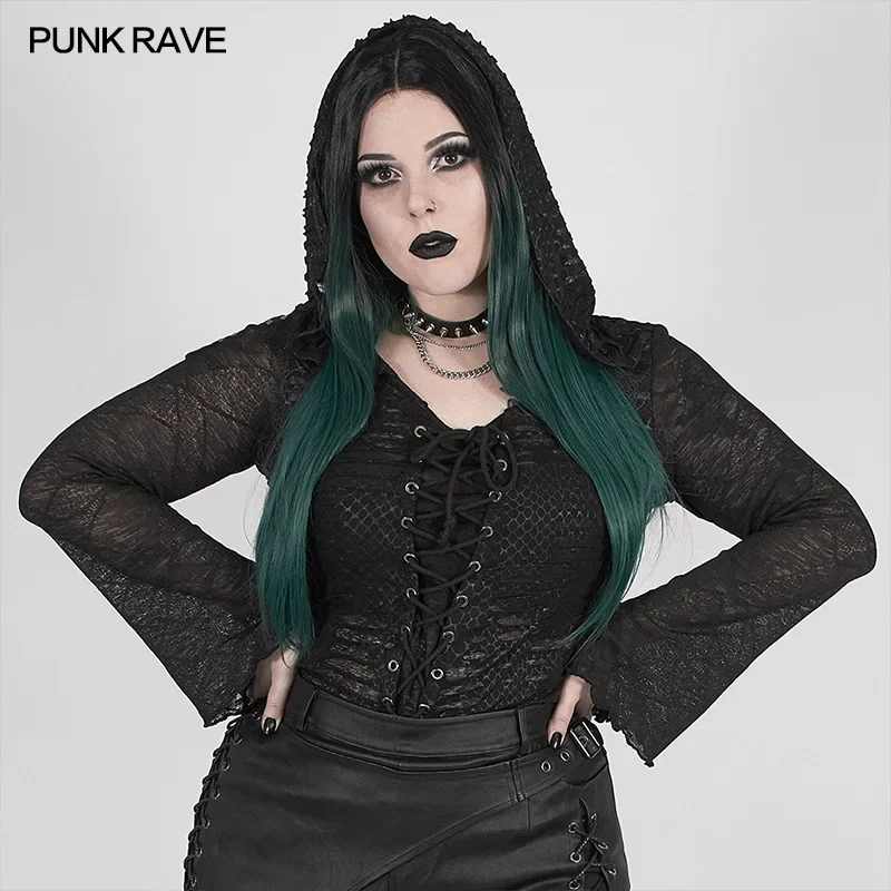 

PUNK RAVE Plus Size Women's Punk Perspective Printed Dark Mesh Hooded T-shirt Adjusted Eyelet Rope Gothic Tops Horn Shape Cuffs