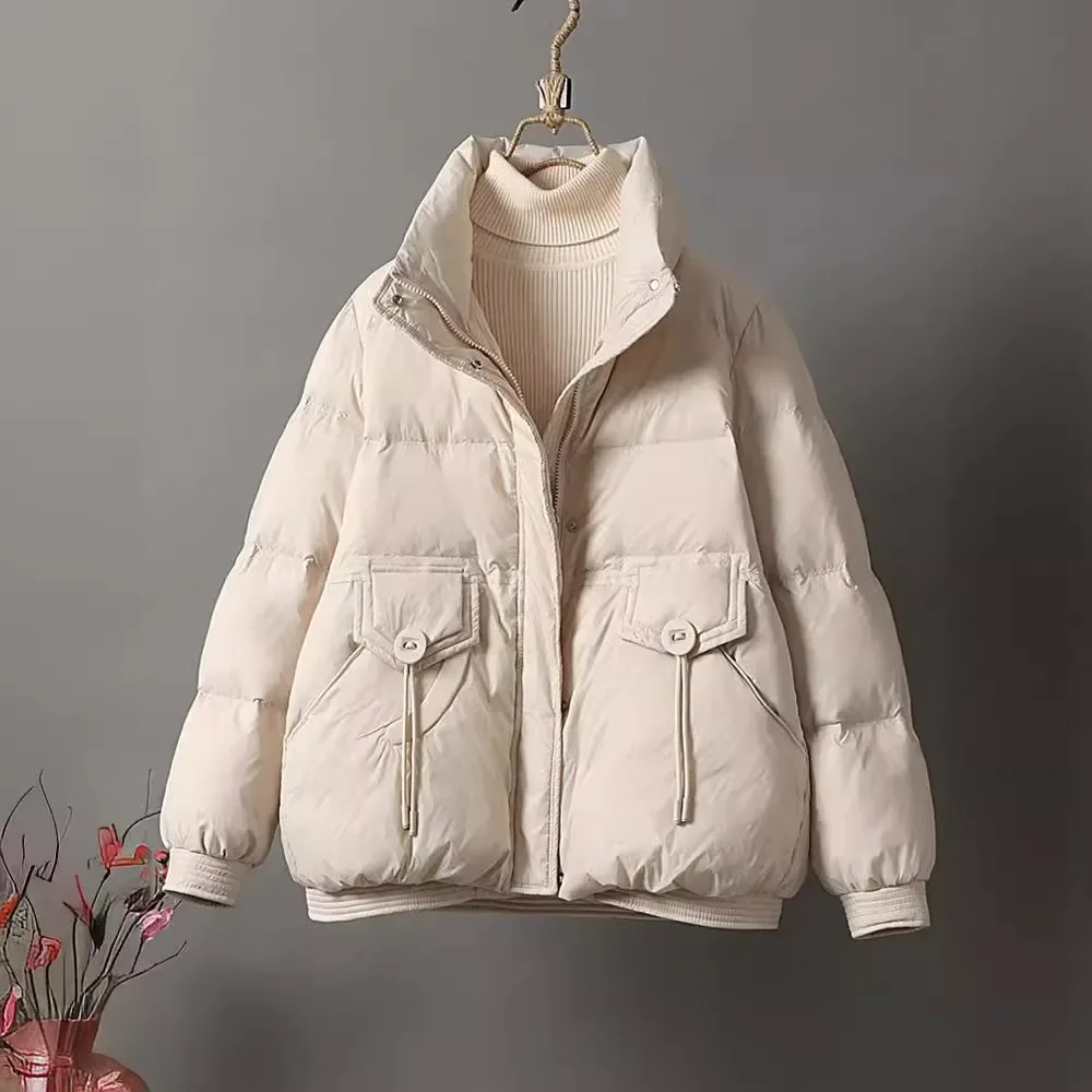 2024 New Winter Thick Loose Casual Fashion Warm Down Coat Women Stand Collar Zipper Office Lady White Duck Down Jacket Female