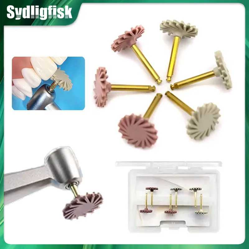 

6 шт., полировщик для резины, композитная смола, полировальная шлифовальная головка, 2-ступенчатый полировальный диск, комплект колес, спиральная гибкая щетка для стоматолога