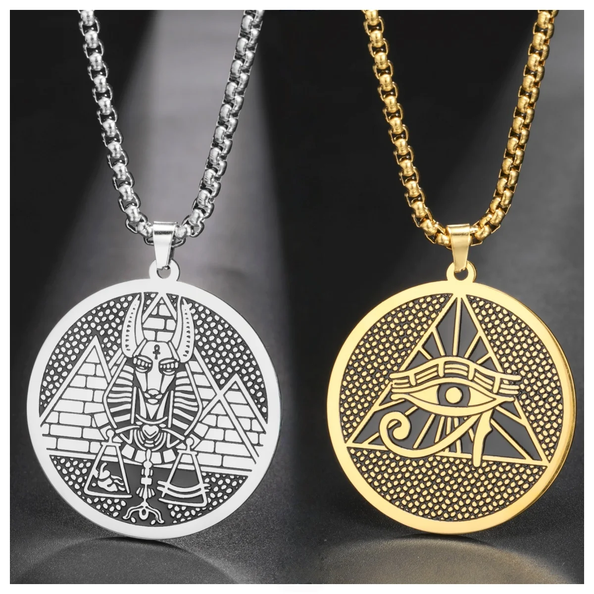 VASSAGO Egyptian Mythology Necklace Stainless Steel Anubis Eye of Horus Pendant Pyramid Medallion Amulet Jewelry