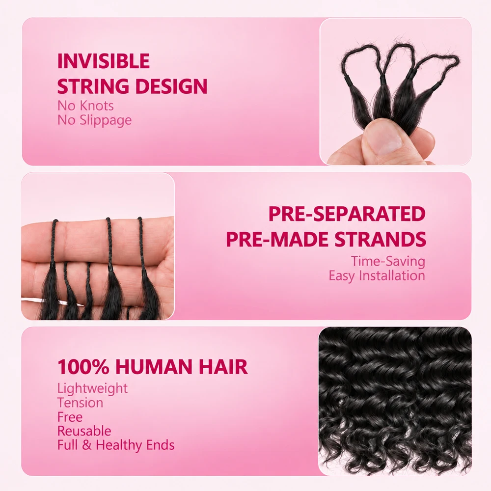 Natural Black Color Water Wave Deep Wave Feather Crochet Human Hair Extensions Miracle Knots Knotless Pre Separated Boho Braiding Hair Soft Natural Curls Lightweight Reusable Protective Style For Women
