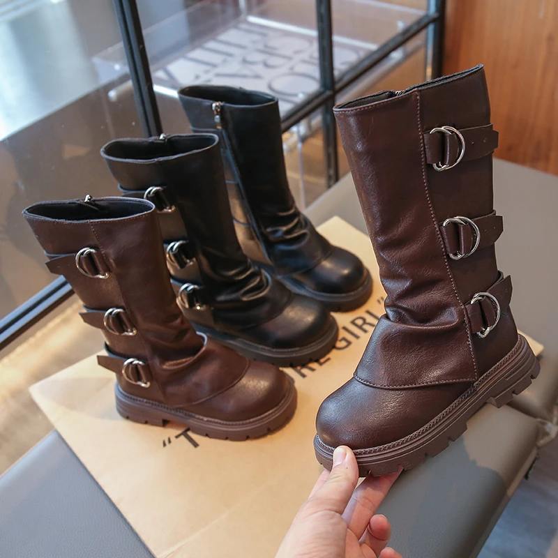 Girls' Mid-calf Boots, Fashionable Children's Boots, 2025 Winter New Children's Catwalk Style Leather Boots, Simple Thick Soles
