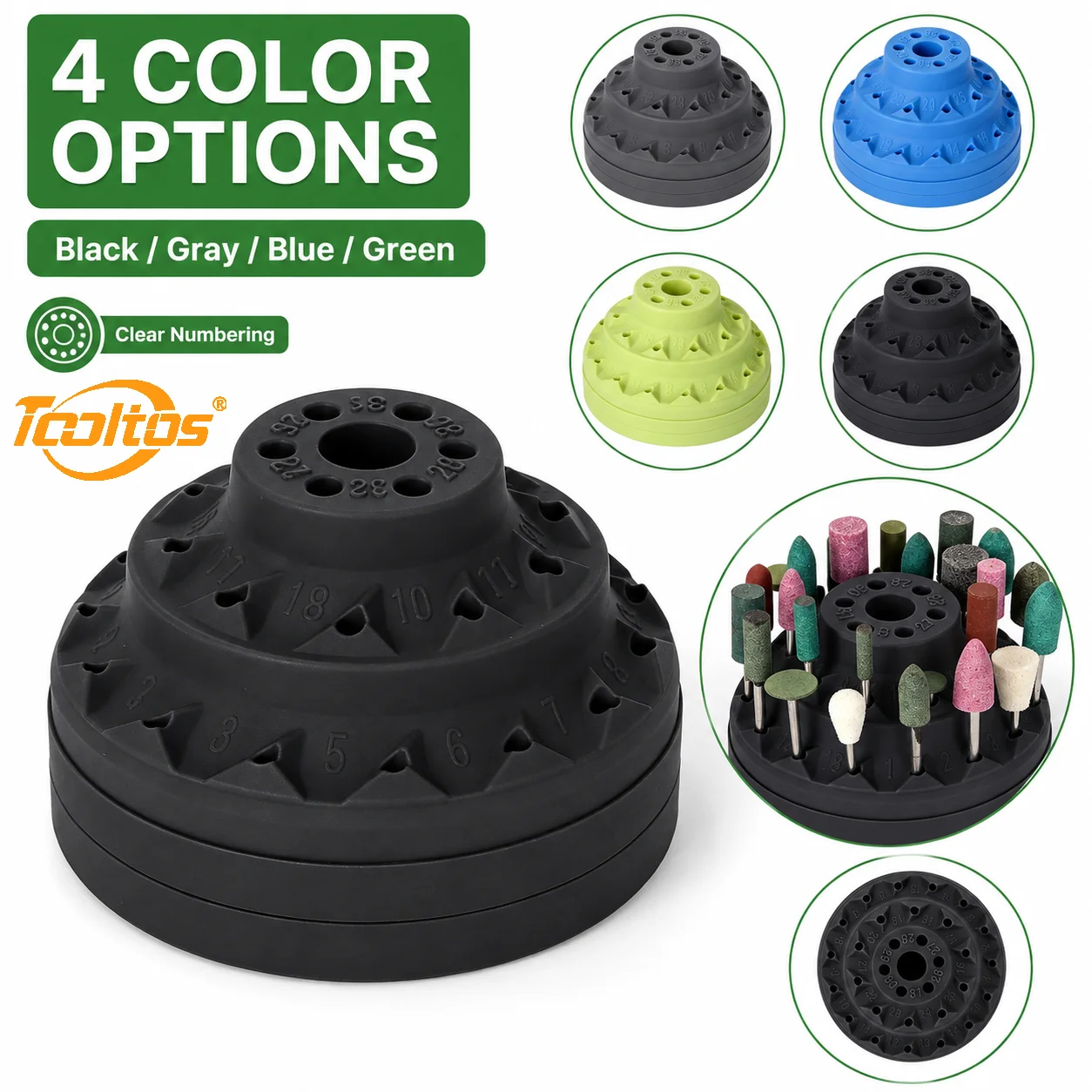 TOOLTOS Rotating Bur Holder Storage Box Multi Hole Drill Bit Grinding Head Organizer 100x60mm for Jewelry Rotary Tools Gray Blue Green Black