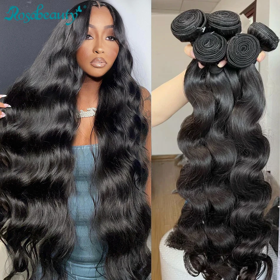 Roseauty 30 40 inci gelombang tubuh 3 4 bundel rambut Brazilian Remy 100% belum diproses rambut manusia bergelombang bundel ditarik ganda ekstensi