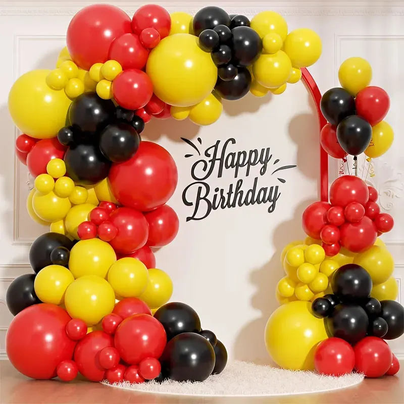 128 Uds. Kit de arco de guirnalda de globos rojo, amarillo y negro, globos de látex para cumpleaños, Baby Shower, juego de dibujos animados, decoraciones de fondo temáticas