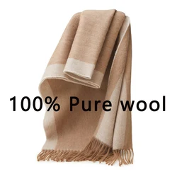 100% double-sided pure wool scarf for winter warmth and versatile tassel men's and women's wool shawl