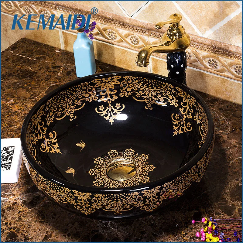 

KEMAIDI Round Bowl Sinks Vessel Basin Bathroom Washbasin Ceramic Basin Sink Roman Bronze Single Handles Swivel Faucet Tap Set