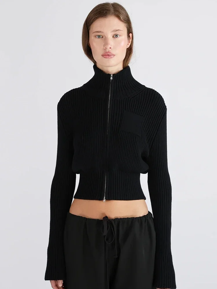 Chaxiaoa Long Sleeve Knit Sweater Cardigan Women Pullovers Elegant Fashion Zipper Turtleneck Warm Knitted Sweater Knitwear