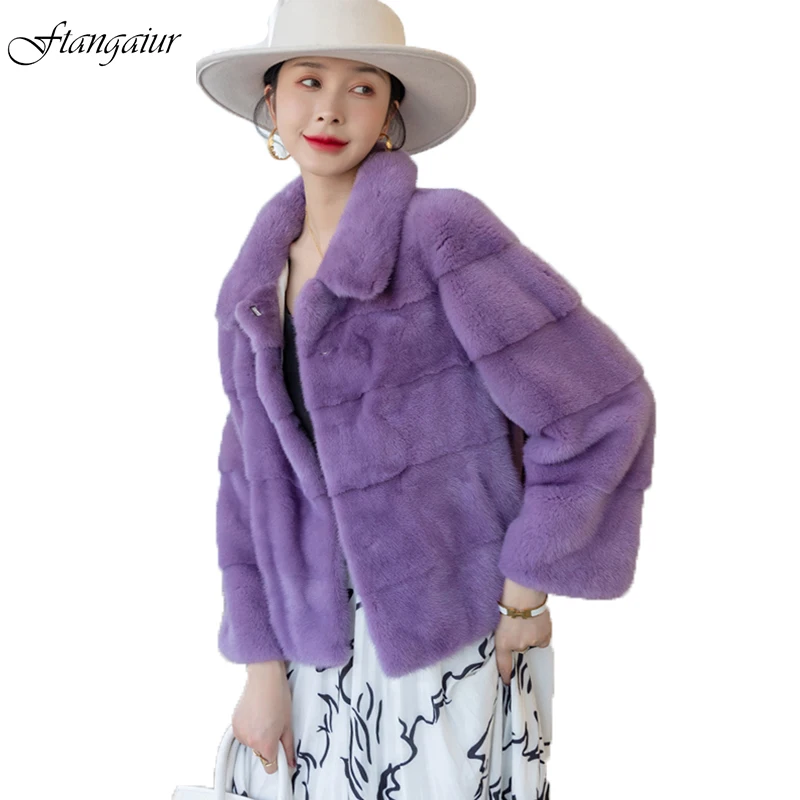 Ftangaiur Winter Import Purple Standard Velvet Mink Fur Coat Women Turn-Down Collar Pure Color Loose Natural Real Mink Fur Coats