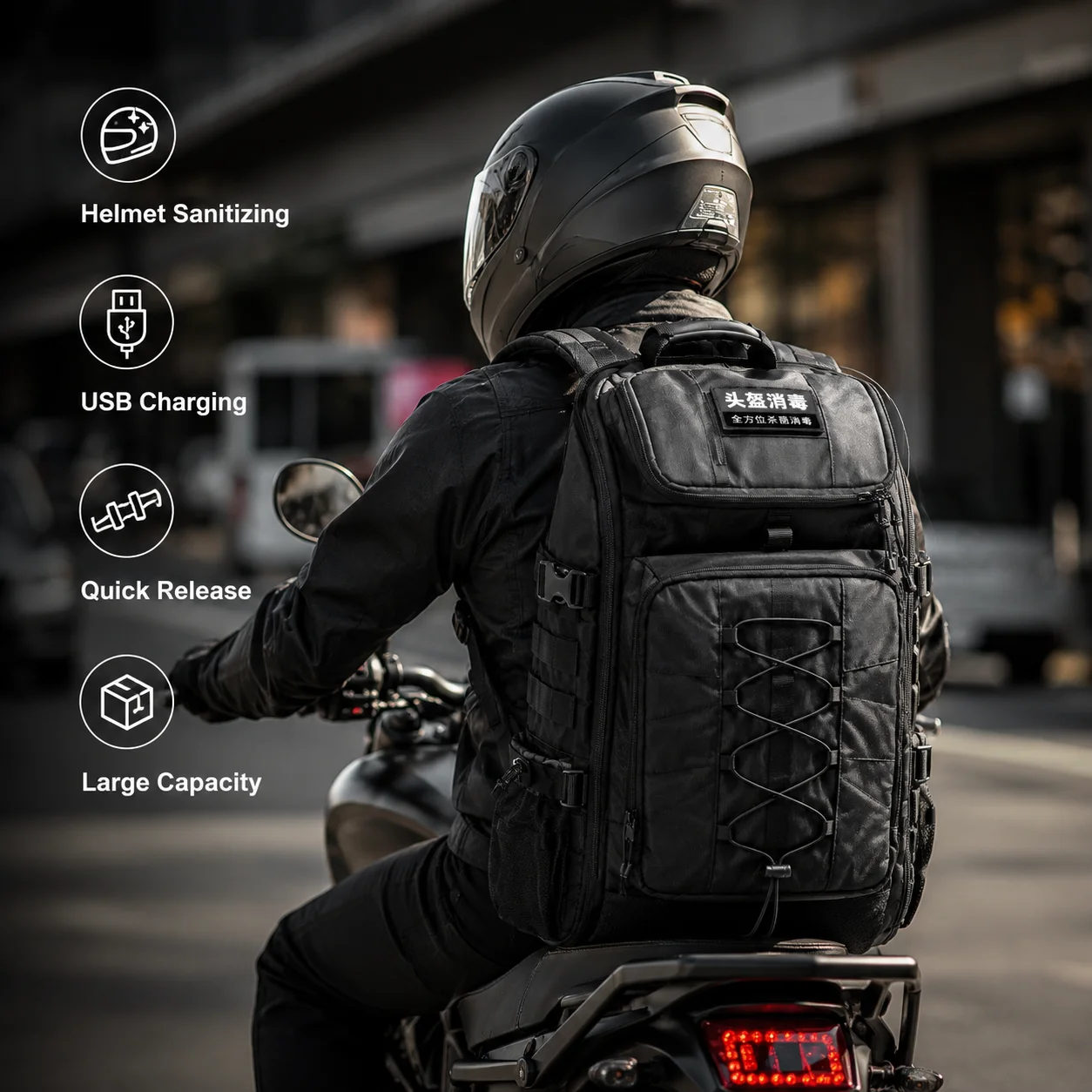 ALBERS Motorcycle Helmet Sanitizing Backpack USB Charging Tactical Quick Release Multi Compartment Moto Riding Travel Carry Bag