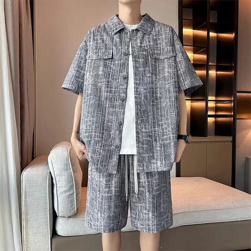 Men's Set Half Sleeve Shirt+ 5 Points Shorts Casual Youth Streetwear Drawstring Shorts Cardigan Sports Beach Hawaii Men Clothing - view 2