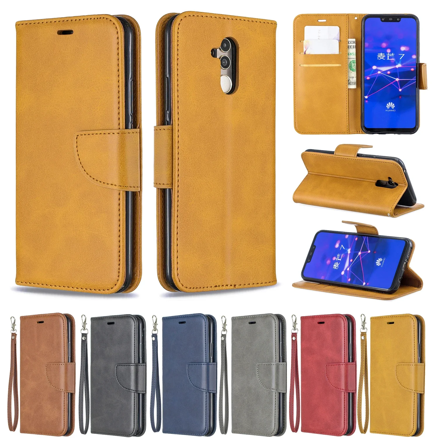 Lambswool Pattern Solid Color Leather Case Wallet Flip Phone Case For HUAWEI Y5/Y6/Y9 2018 Prime NOVA3I/P SMART PLUS HONOR 7A/7C