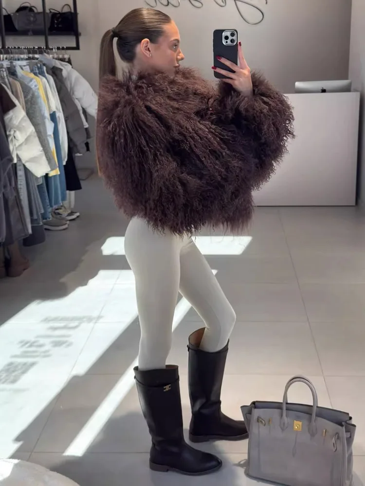DFDG 2025 Women’s Spring Autumn Faux Fur Jacket Short Tan Lamb Cardigan Minimalist Casual Pile Coat Streetwear Warm Front Coat