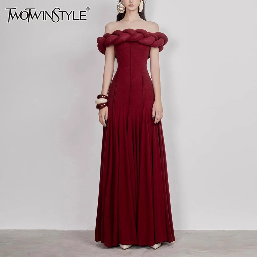 

TWOTWINSTYLE Solid Spliced Folds Slimming Dresses for Women Slash Neck Shoulder Cuff High Wiast Dress Female New