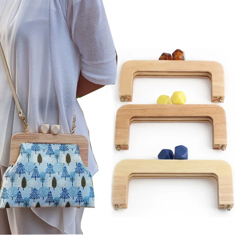 1PC Solid Wood Handbag Square Wallet Frame Kiss Lock Clutch with Wooden Beads Natural Wooden Vintage Bag Handle Kiss Lock Clutch