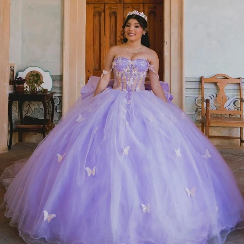 

Милое Платье сиреневого цвета 16 Quinceanera с открытыми плечами, кружевное бальное платье с бантом и бусинами, платье принцессы для дня рождения, Vestidos 15 De