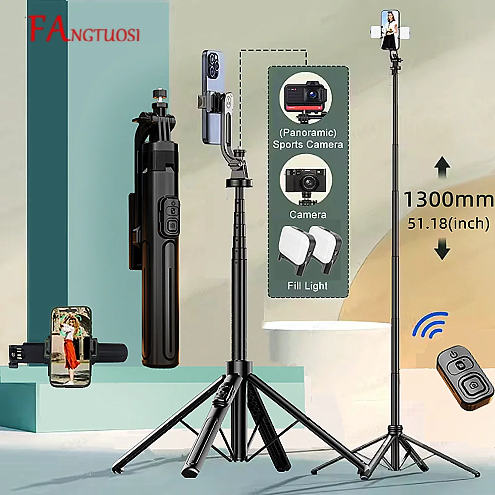 FANGTUOSI 360° °   Вращающаяся подставка для селфи-палки для iPhone, Samsung, Huawei, выдвижной штатив для телефона 1,3 м с беспроводным пультом дистанционного управления Bluetooth
