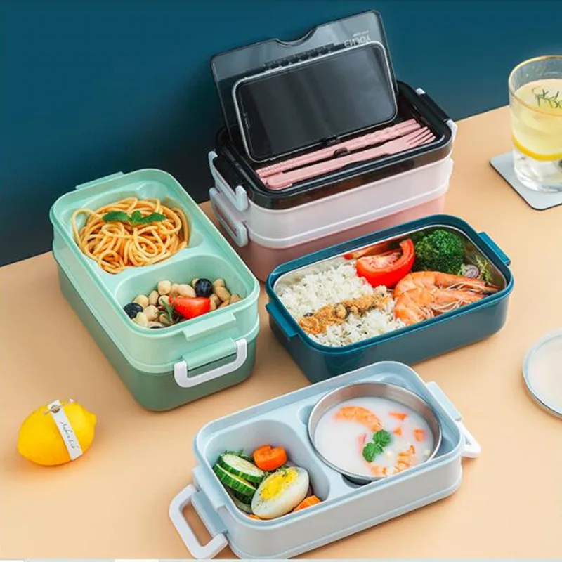 Plastic Lunch Box With Spoon Fork Student Office Microwave Oven Bento Boxes Double Layer Fresh-keeping Food Container Tableware