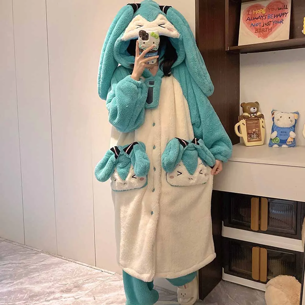 Anime Cartoon Cute Hatsune Miku Coral Fleece Nightgown Sleeping Pants Set Girl Autumn Winter Home Clothes Robe Pajamas