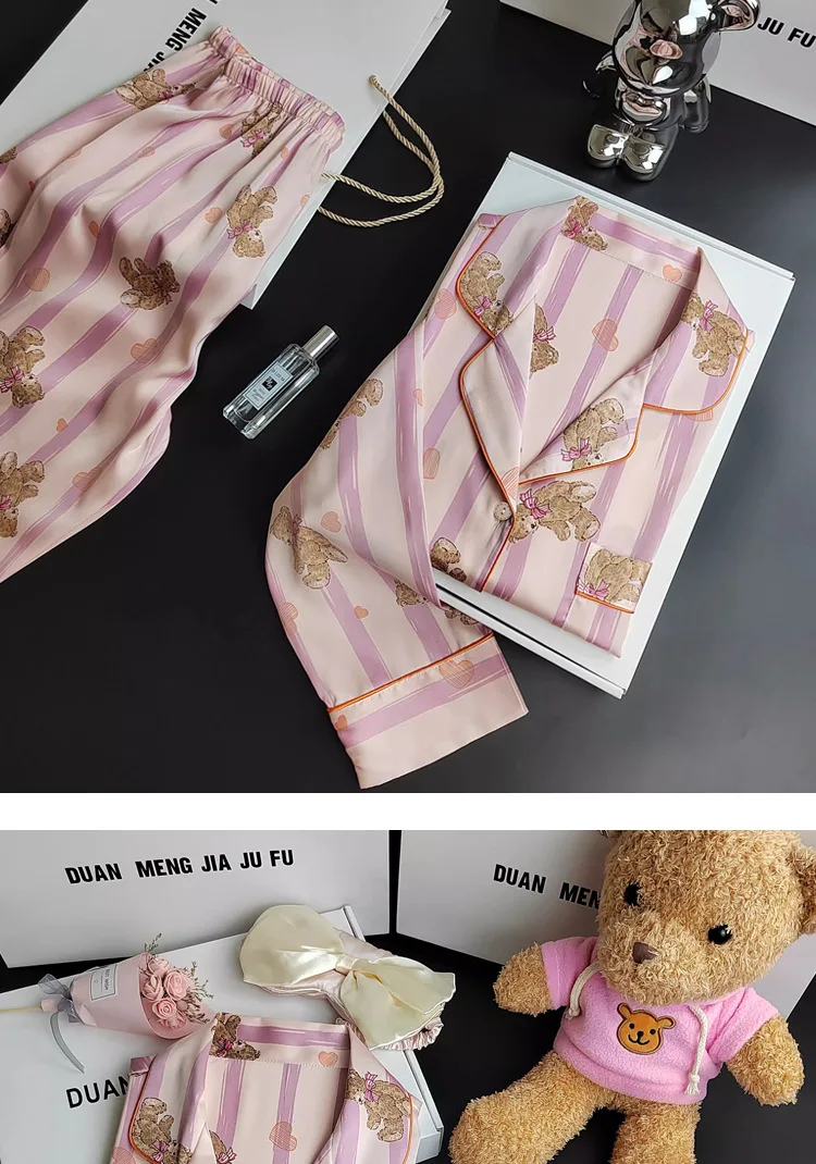 Herbst und Winter Damen Pyjamas Cartoon Rosa Gestreift Bär Pyjamas Strickjacken Lange Ärmel Hosen Loungewear Zweiteiliges Set – Detail 8