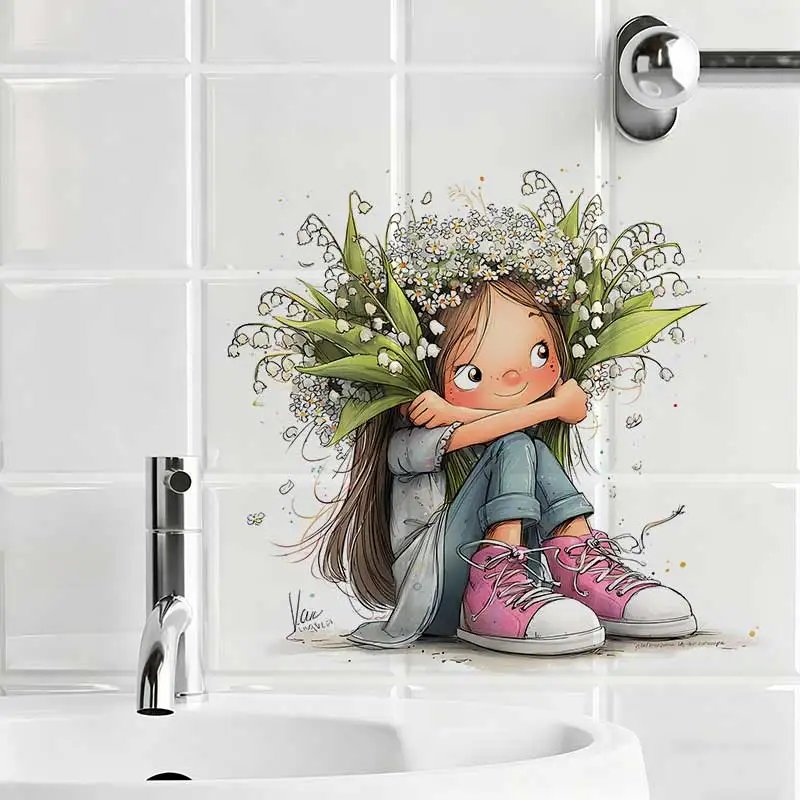 Whimsical Girl with Flowers Wall Sticker Toilet Stickers Bedroom Entrance Living Room Porch Home Decora Waterproof Decals M1568