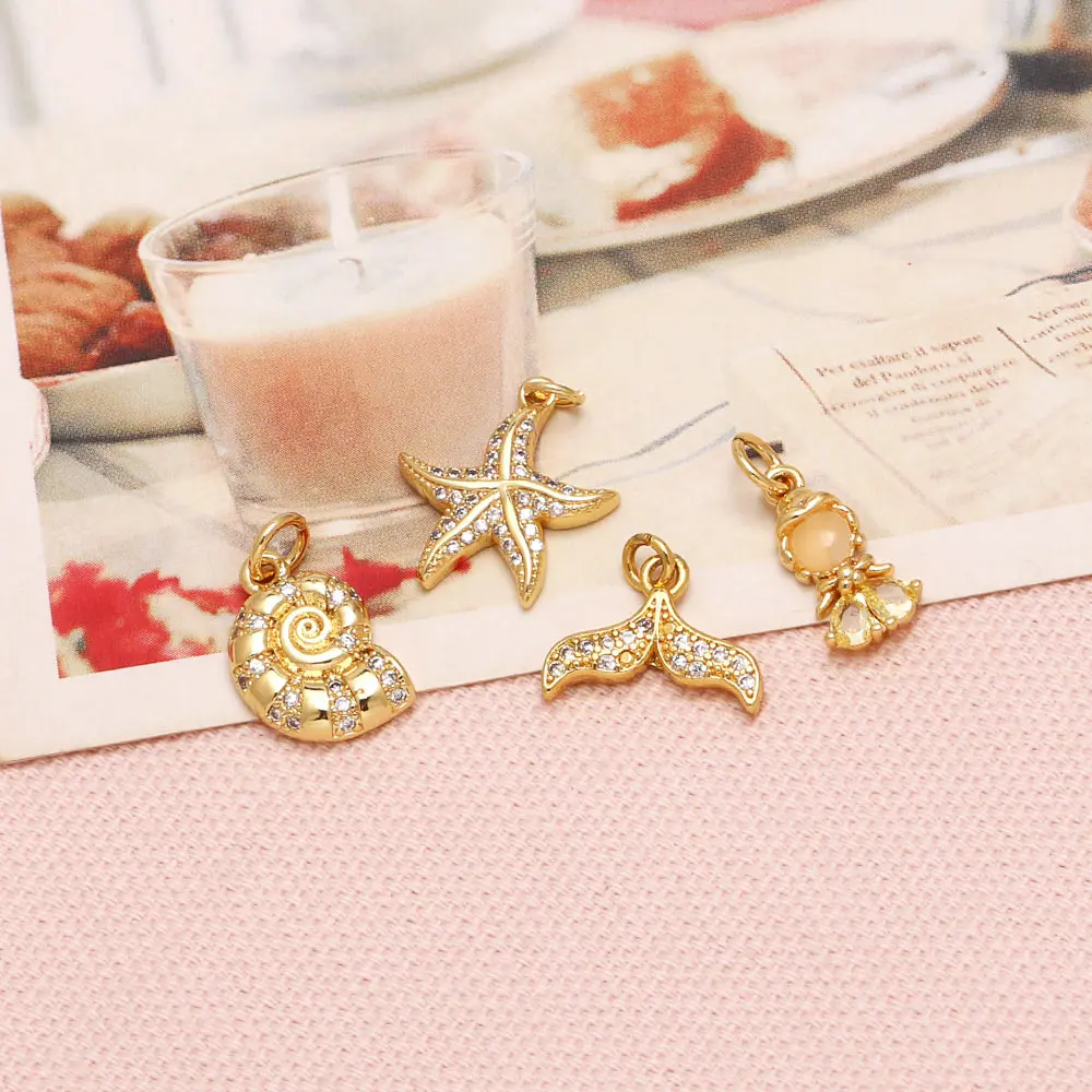 OCESRIO Fashion White Crystal Fishstar Charms for Bracelet Copper Gold Plated Whale Tail Conch Jewelry Making Supplies chma306