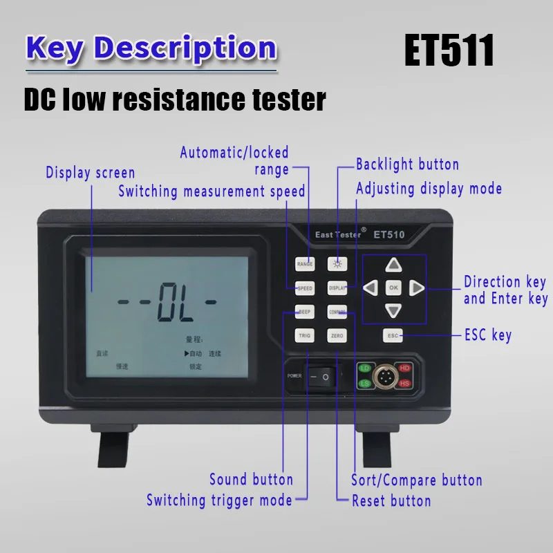 ET511 10uΩ ~ 2MΩ 0.1% High-precision DC Low Resistance Tester 110V-220V Electronic Measurement ComponentTester Accuracy Measurer