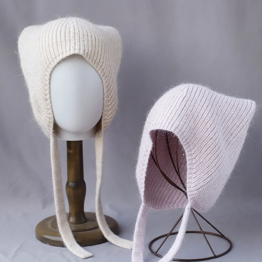Shine Outdoor-Mütze mit tiefem Krempe und Katzenohren, sowjetische Mütze, Damen-Wintermütze, Rattanmütze, Pelzmütze, süße Mütze, Strickmütze aus Fleece. – Detail 9