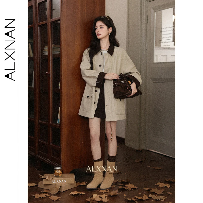 ALXNAN カーキトレンチコート女性ブロックカラーカジュアルルーズフィットウインドブレーカー 2025 秋冬ミッドレングストレンチコート女性 L57723