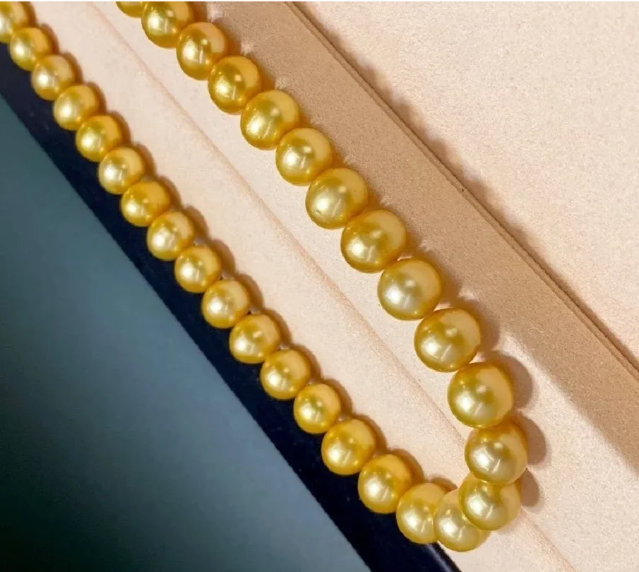 

AAAA 10-9mm NATURAL REAL South Sea Golden Pearl Women's Necklace 18 Inch 14K Gold Clasp