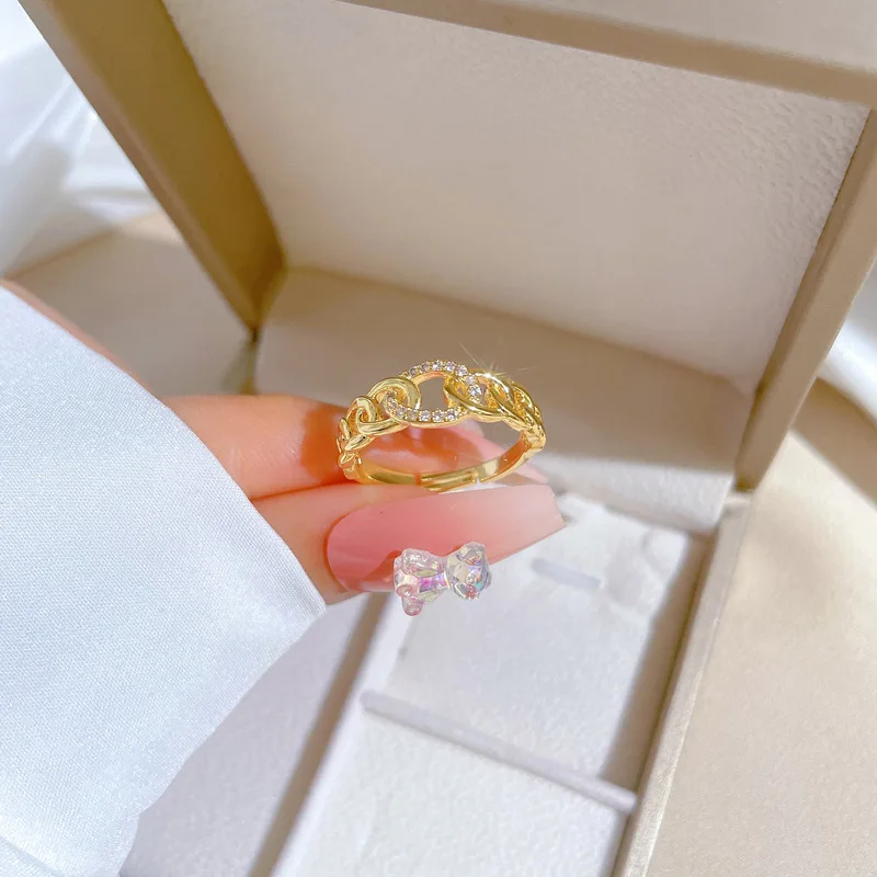 2024 Stainless Steel Luxury Zircon Chain Link Rings For Women\'s Adjustable Jewelry Finger Gold Plated No-Fading Birthday Gift