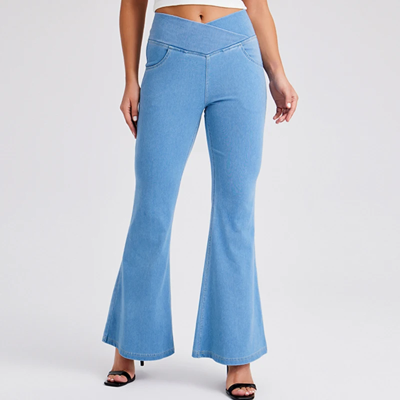 Muyafei Women’s High Waist Stretch Flare Jeans Cross Waist Tummy Control Bootcut Denim Pants Pull On Elastic Waist Everyday Wear