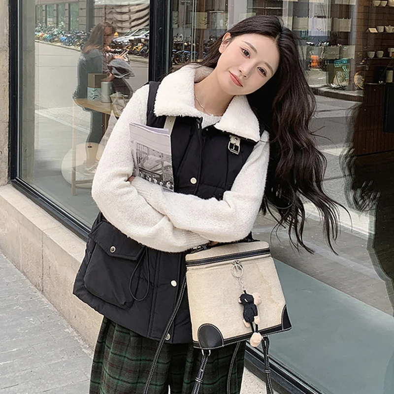 Y2K Große Tasche Ärmellose Baumwolle Weste Frauen Herbst Winter Lamm Wolle Patchwork Westen Mantel Beliebte Streetwear Unten-Baumwolle Jacke