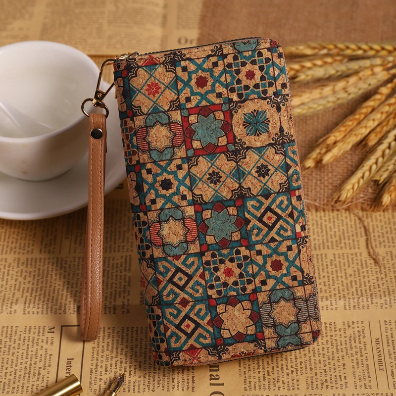 

5pcs Wallet Cork Leather Flower Geometry Printing Double Zipper Long Phone Bag Mix Color