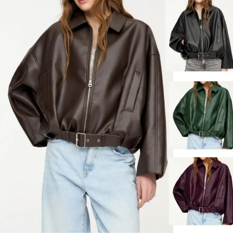 

Винтажные куртки из искусственной кожи, осенне-зимние, новые, женские, на молнии, с отложным воротником, длинными рукавами, карманами, поясом, свободного кроя, в уличном стиле