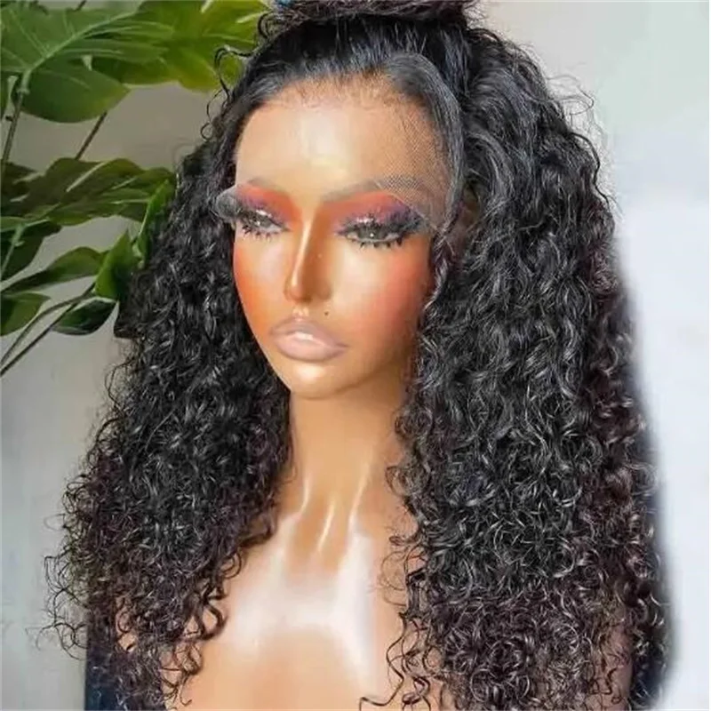 Peruca dianteira longa e macia encaracolada para mulheres, preto natural, cabelo de bebê perverso, pré-arrancado, resistente ao calor, sem cola, diariamente, 26"