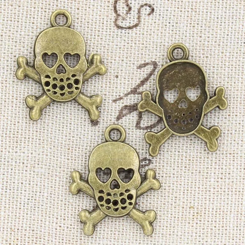 15pcs Charms Skull Skeleton Bone Dangerous Sign 25x21mm Antique Bronze Silver Color Pendants DIY Making Findings Tibetan Jewelry