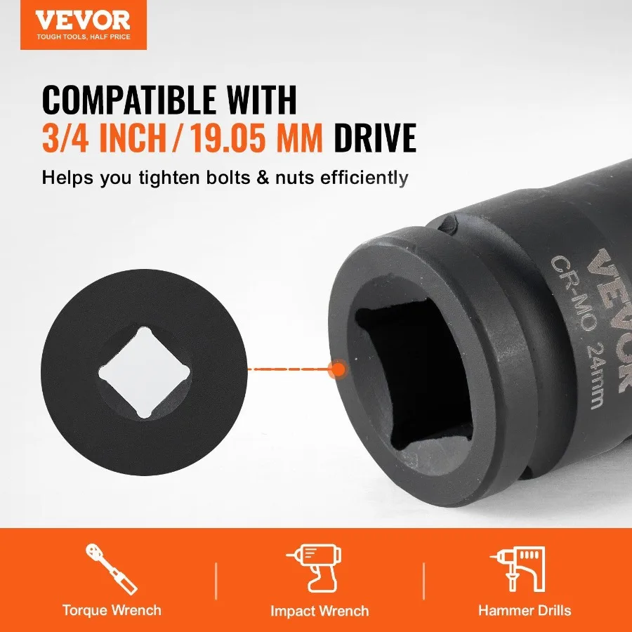 3/4 Drive 6-Point Metric Axle Nut Impact Socket Set CR-MO Heat Treated 8-Piece for Auto Repair Removing or Installing Axle Nuts