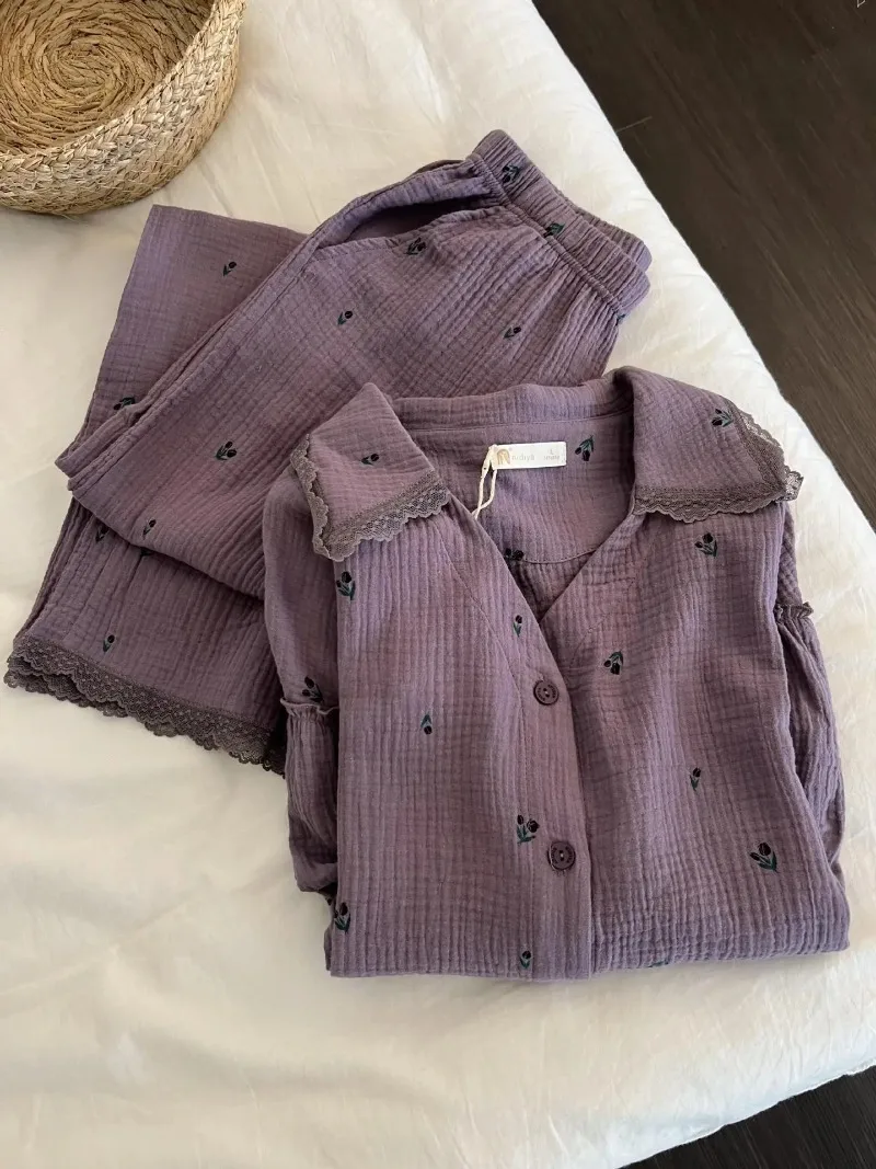 Spring Autumn Women Floral Loungewear Set Girls Student Collared Long Sleeve Pants Pajamas Woman Casual Home Clothes Teen Lady