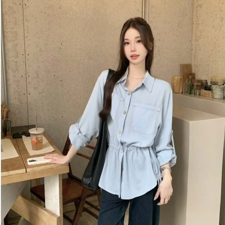 Korean Style Long Sleeve Shirt Women's Drawstring Waist Slimming Versatile Elegant Top Casual Loose Fit Drawstring Design