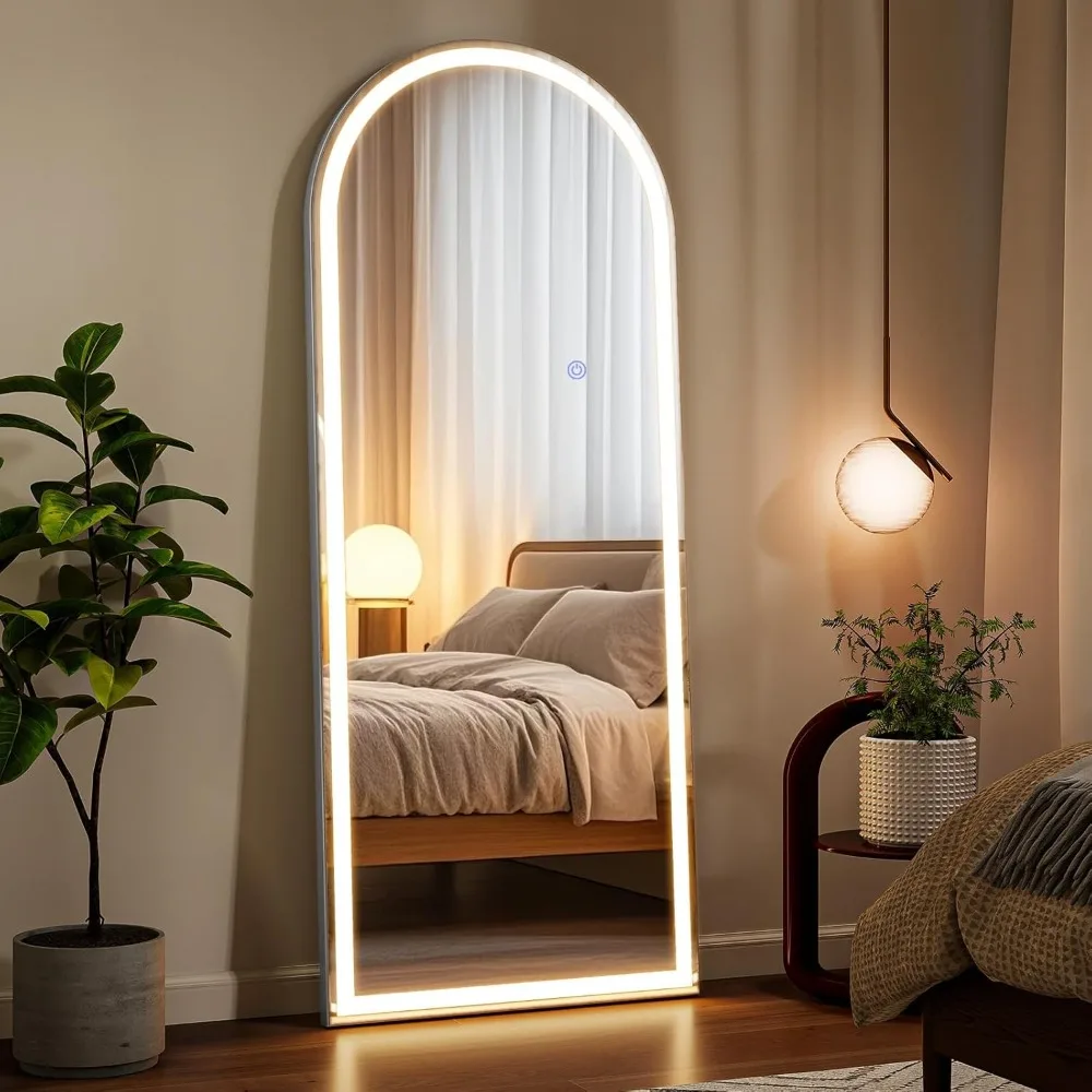 Espejo LED de 56 "x 21", longitud completa, espejo corporal de suelo arqueado con luces regulables, 3 modos de color, montado en la pared apoyado de pie para