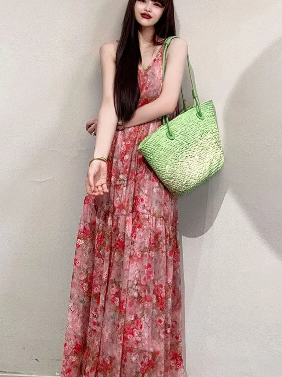 

Summer 2025 Women's Sweet Style Casual Loose Vacation Dress A-Line Long Skirt with V-Neck No Sleeve Cartoon Pattern