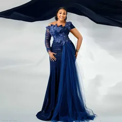 Plus Size Nigerian Navy Blue Prom Dresses Customized Appliques Pleated Tulle African Formal Party Dress Aso Ebi Evening Dress