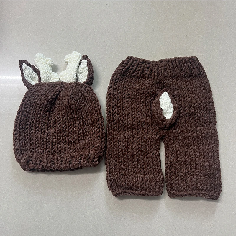 2pcs/sets Christmas Photography Clothing Cute Christmas Elk Hat and Crochet Knitted Pants Costumes Set Newborn Photoshoot Outfit